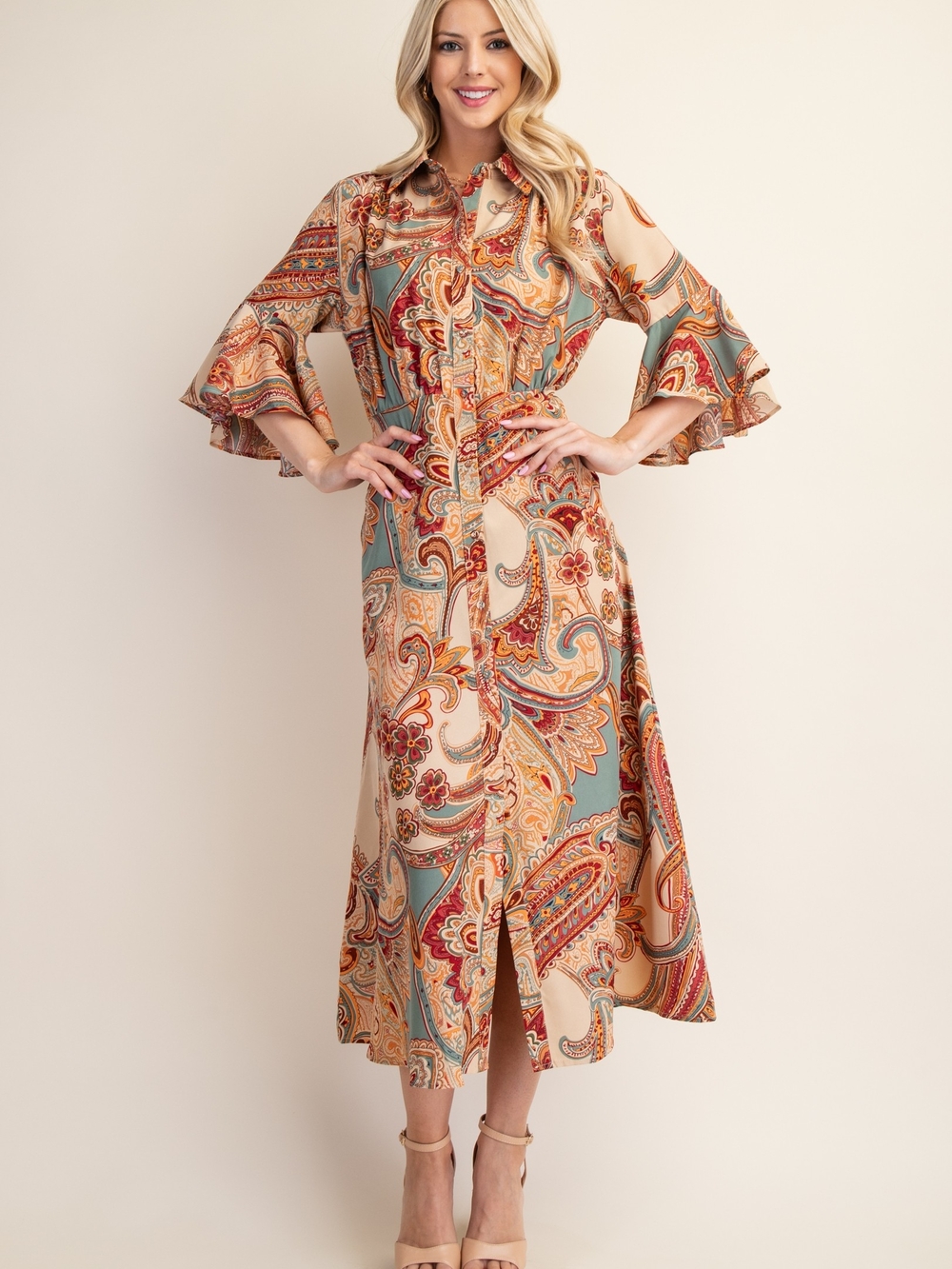 Paisley Button-Front Midi Dress in Beige and Teal
